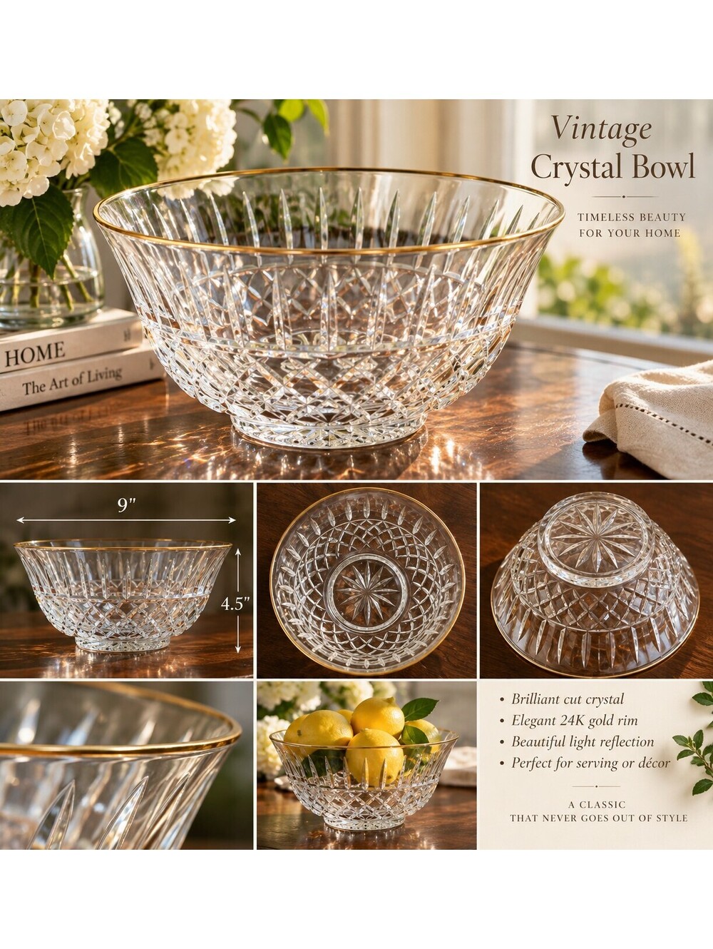Vintage Cut Crystal Serving Bowl 9" 24K Gold Rim Diamond Starburst Heavy